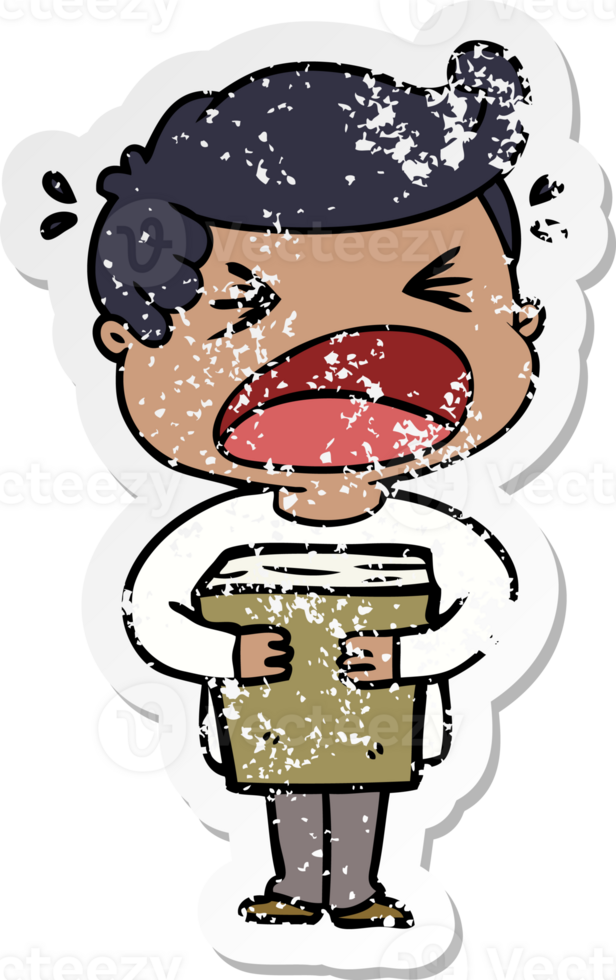 distressed sticker of a cartoon shouting man with book png