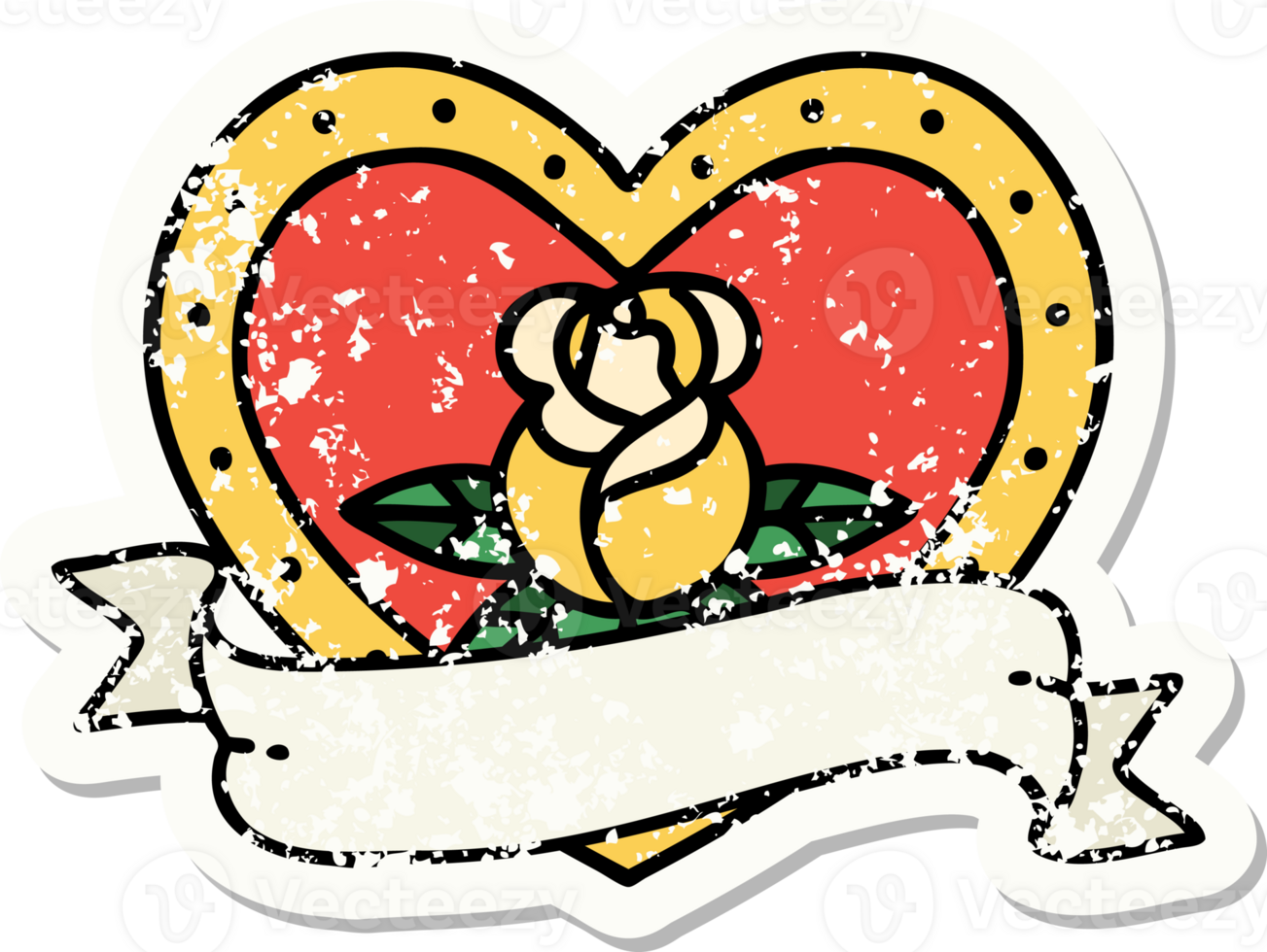distressed sticker tattoo in traditional style of a heart rose and banner png