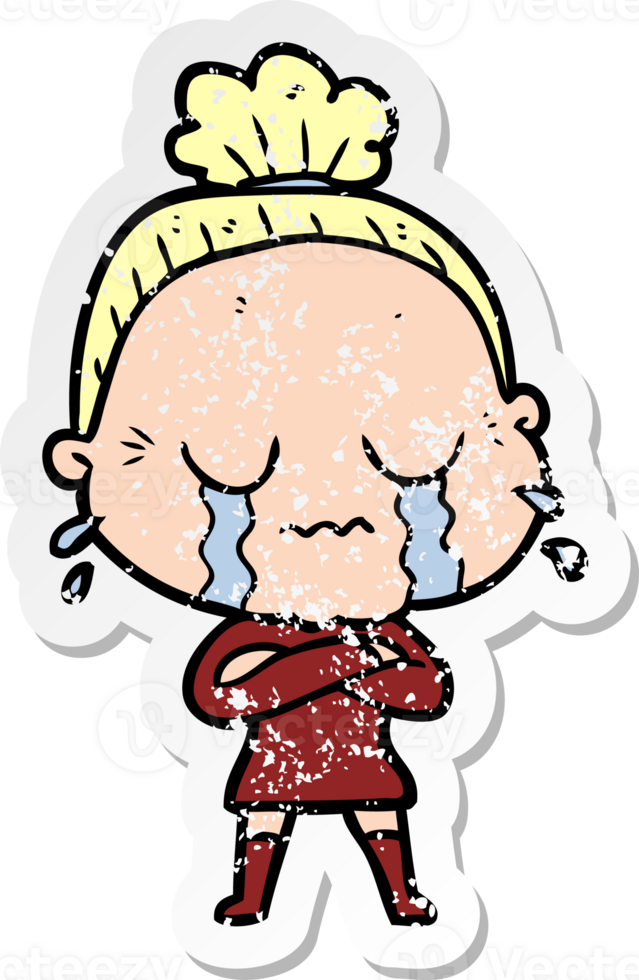 distressed sticker of a cartoon crying old lady png