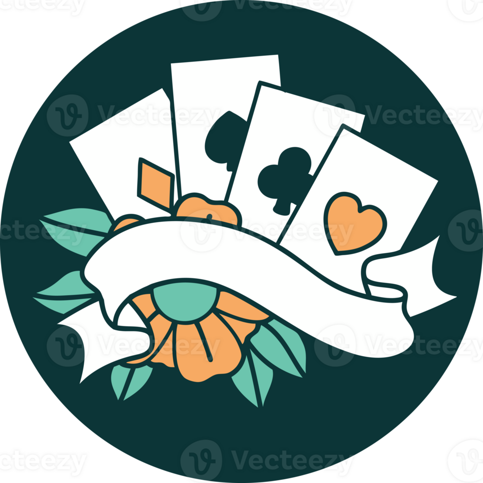 iconic tattoo style image of cards and banner png