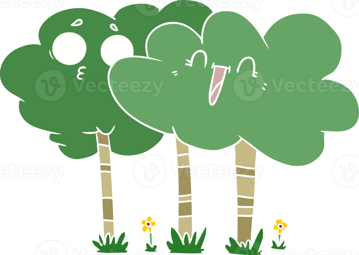 flat color style cartoon trees with faces png