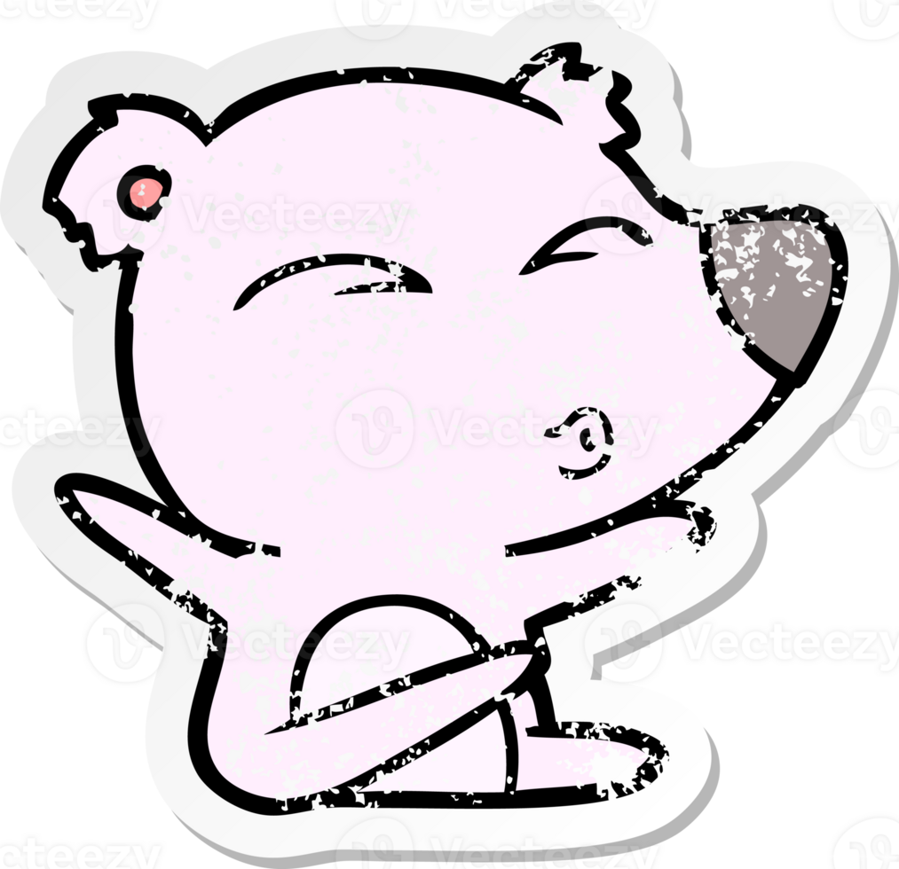distressed sticker of a cartoon whistling bear png