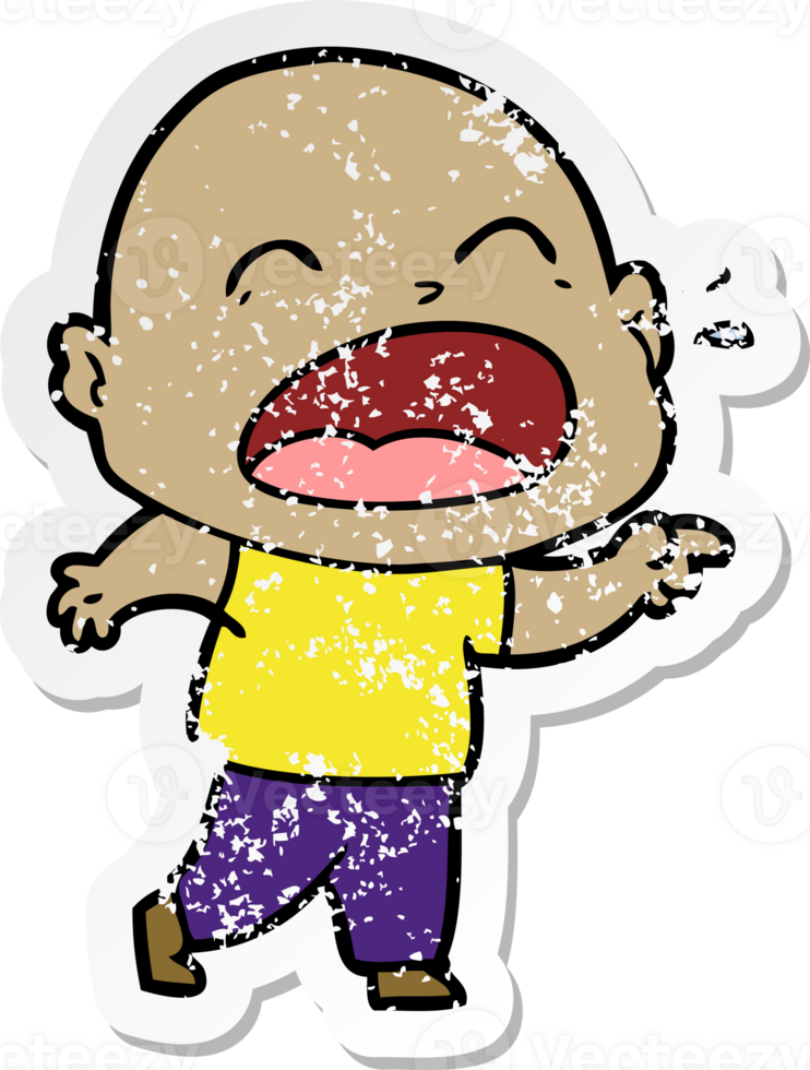 distressed sticker of a cartoon shouting bald man png