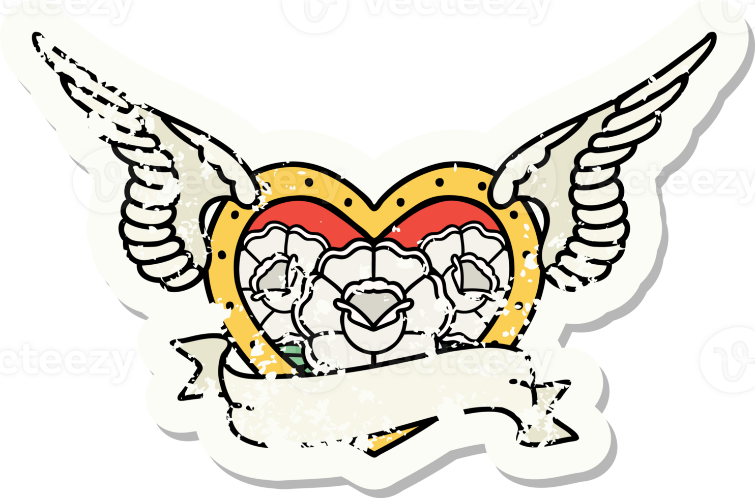 distressed sticker tattoo in traditional style of a flying heart with flowers and banner png