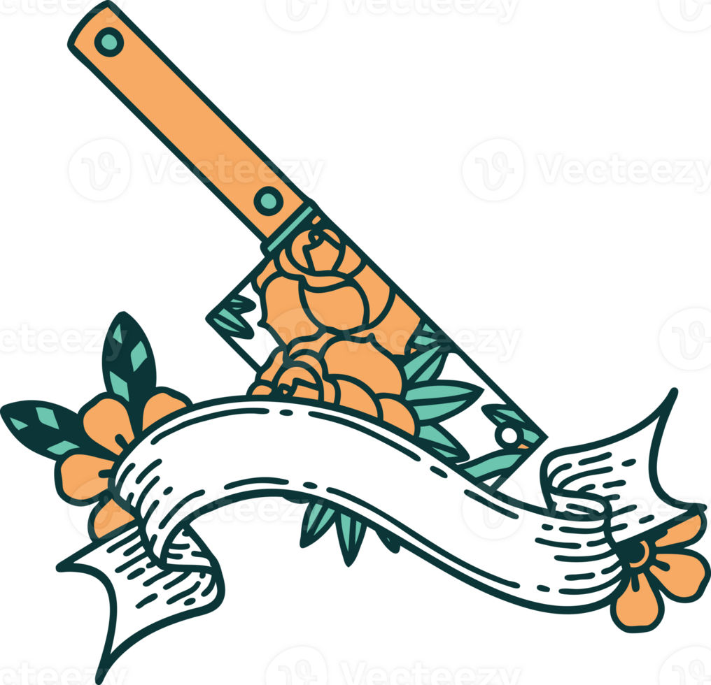 traditional tattoo with banner of a cleaver and flowers png