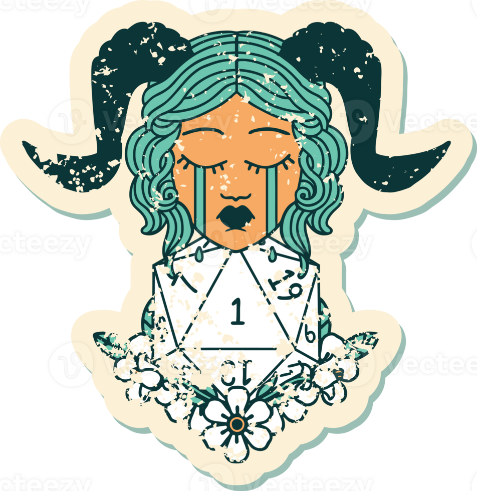 grunge sticker of a crying tiefling with natural one D20 dice roll png