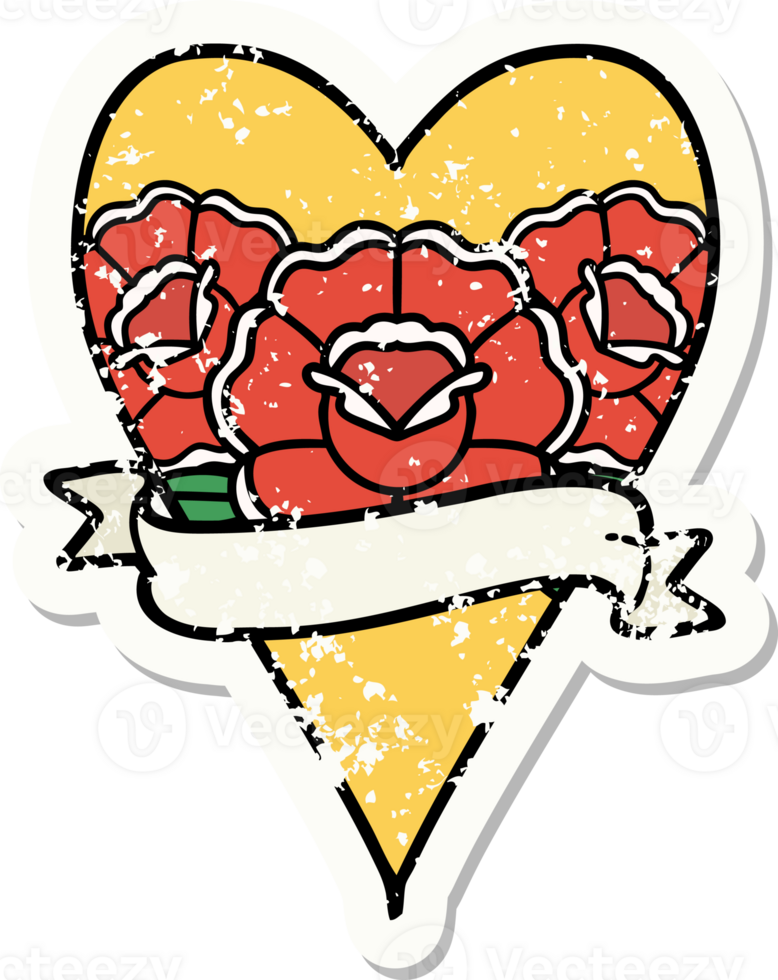 distressed sticker tattoo in traditional style of a heart and banner with flowers png