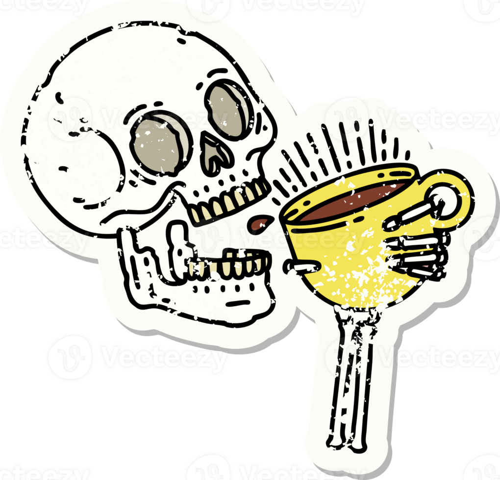 distressed sticker tattoo in traditional style of a skull drinking coffee png