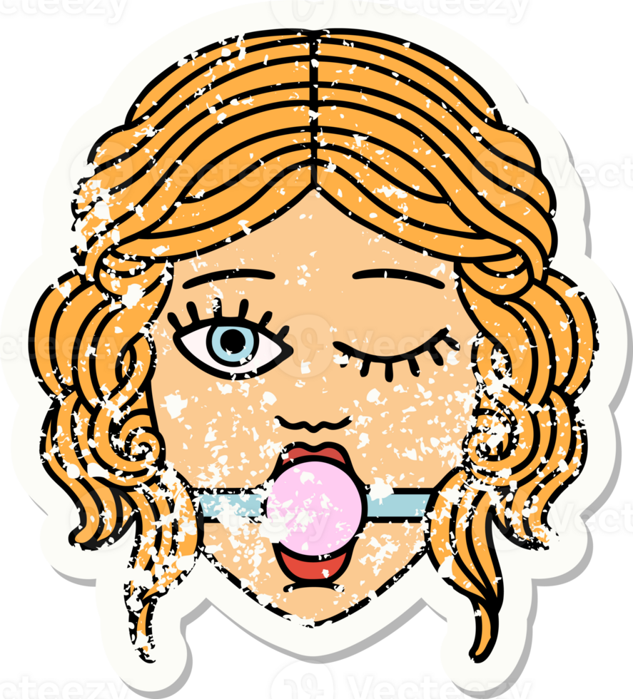 distressed sticker tattoo in traditional style of a winking female face wearing ball gag png