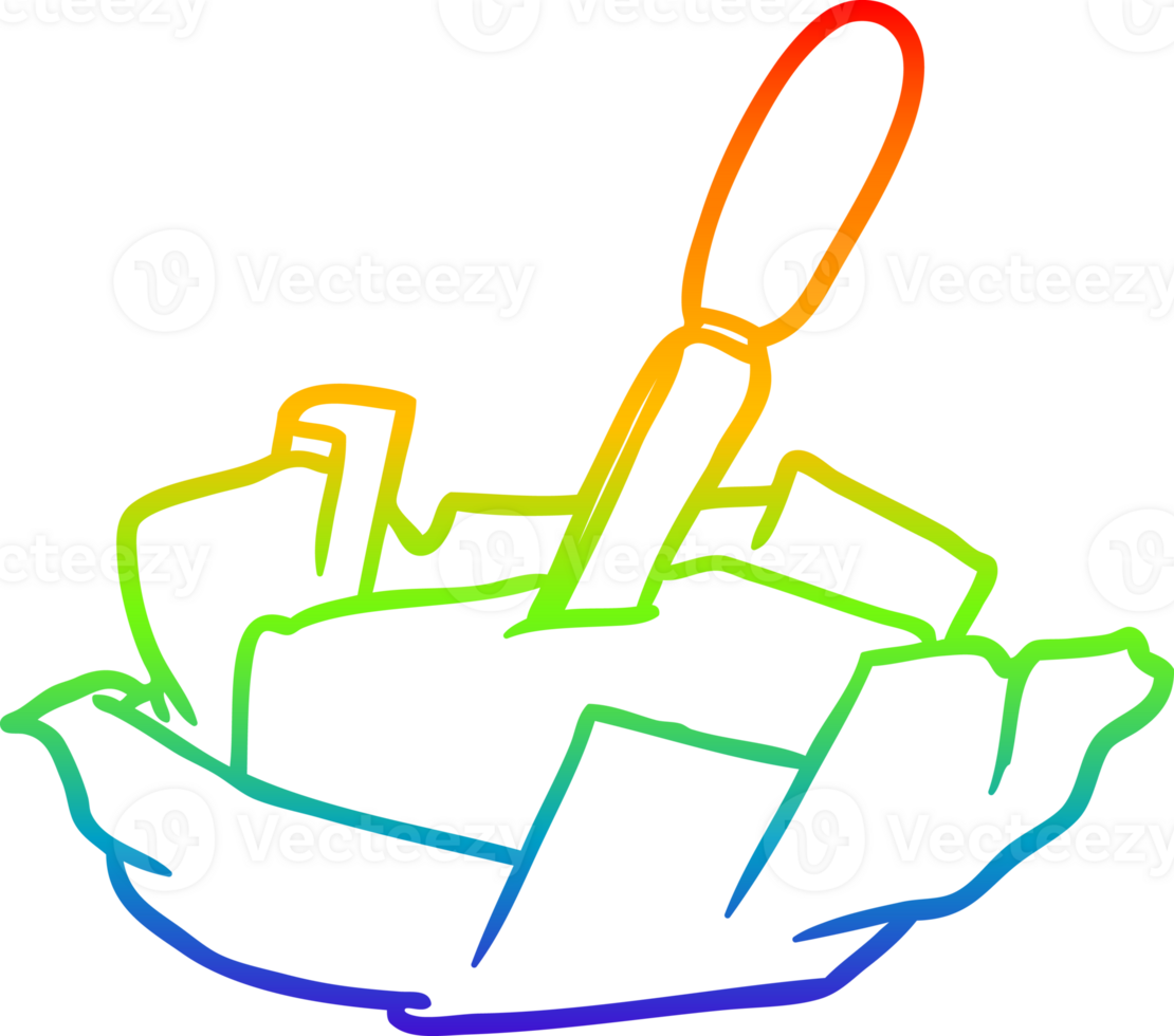 rainbow gradient line drawing of a traditional pat of butter with knife png