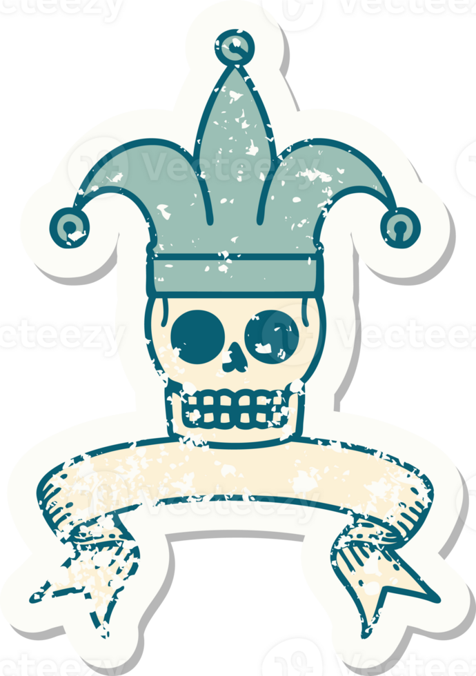 worn old sticker with banner of a skull jester png