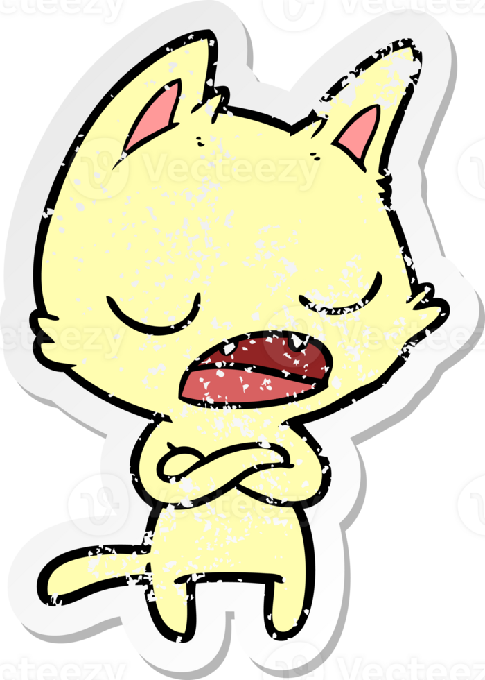 distressed sticker of a talking cat with crossed arms png