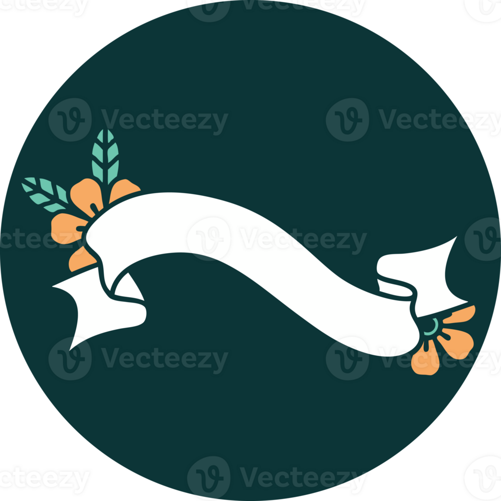 iconic tattoo style image of a banner and flowers png
