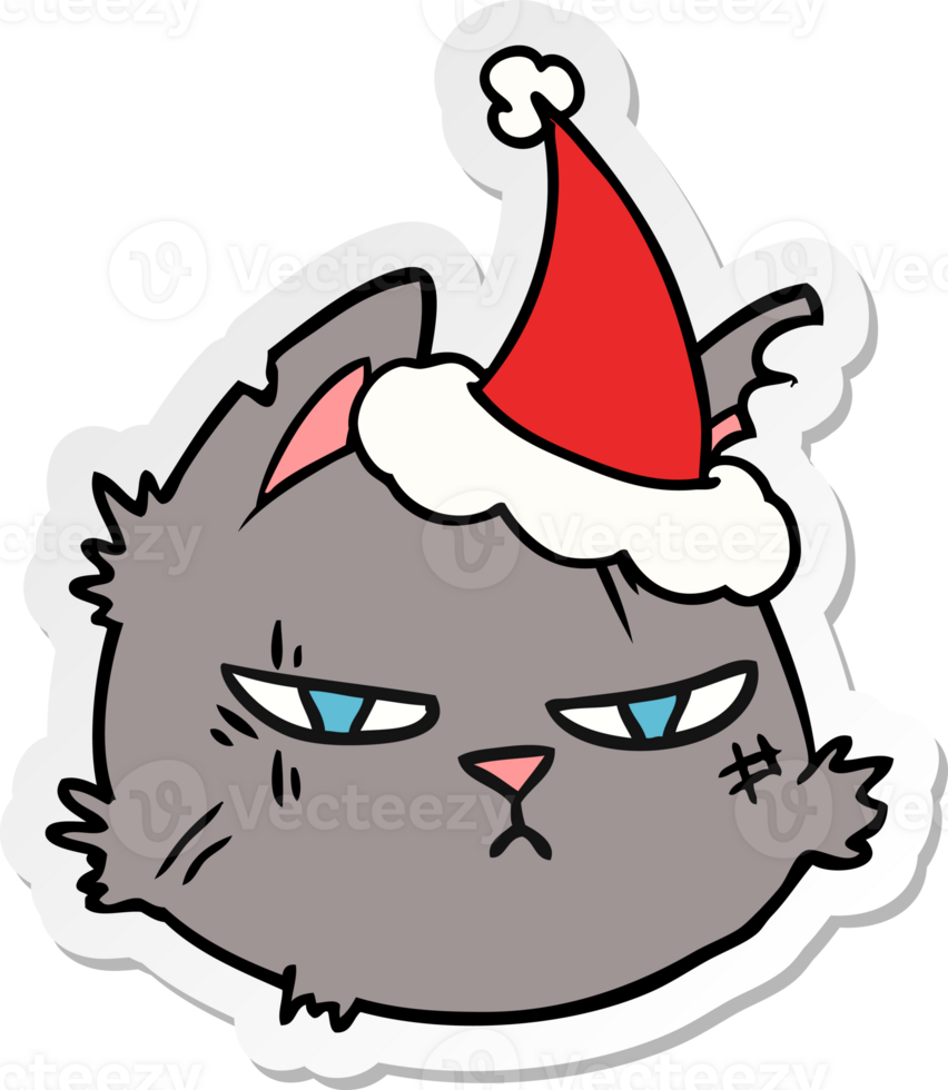hand drawn sticker cartoon of a tough cat face wearing santa hat png