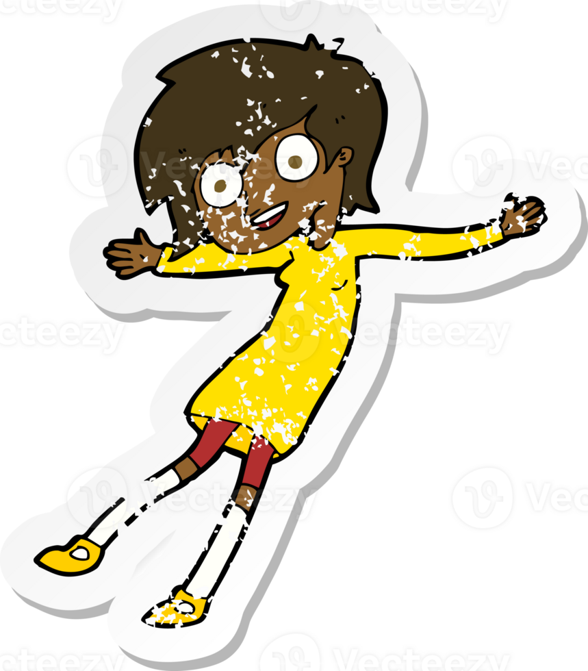 retro distressed sticker of a cartoon crazy excited girl png