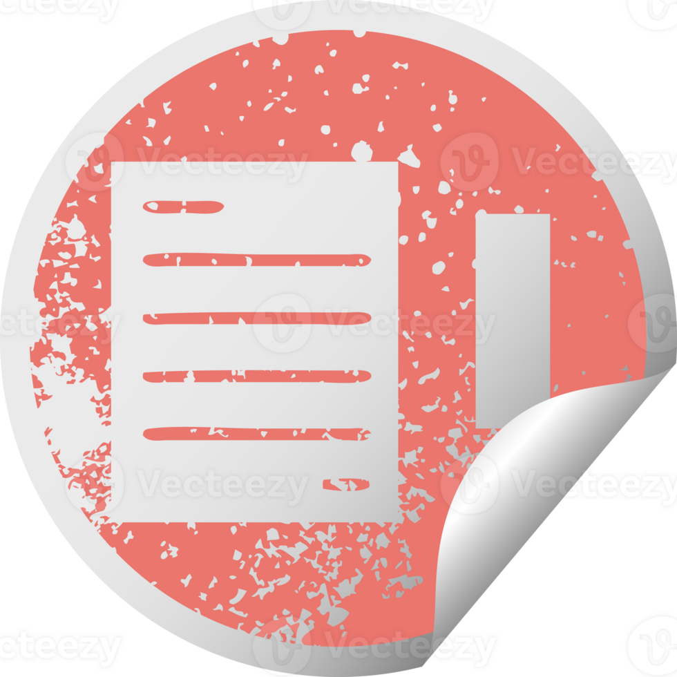 distressed circular peeling sticker symbol of a pencil and paper png