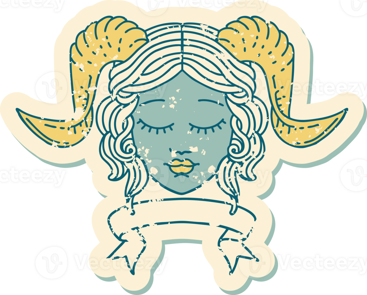 Retro Tattoo Style tiefling character face with scroll banner png
