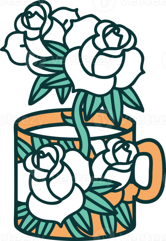 iconic tattoo style image of a cup and flowers png
