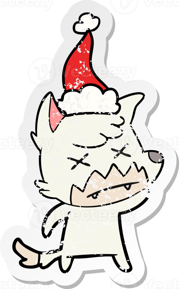 hand drawn distressed sticker cartoon of a dead fox wearing santa hat png