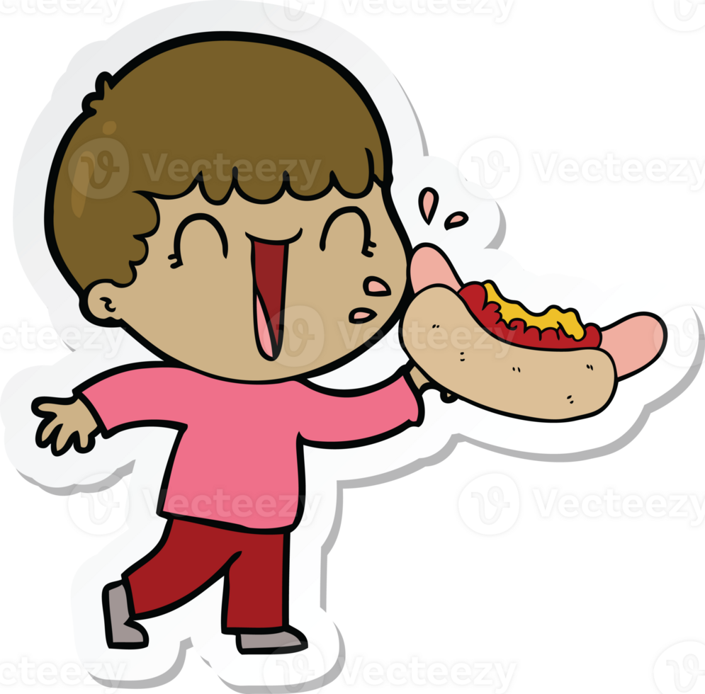 autocollant d'un homme de dessin animé qui rit en train de manger un hot-dog png
