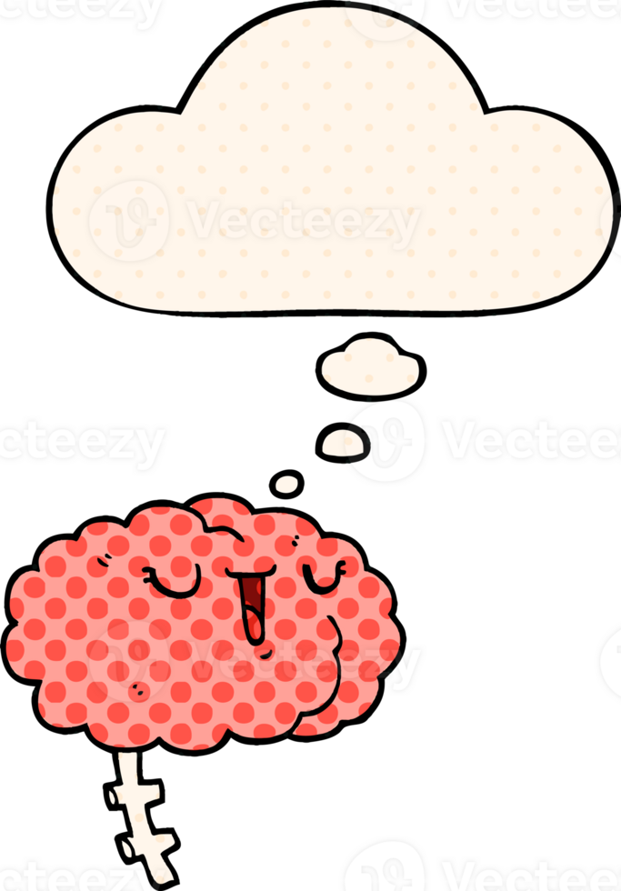 happy cartoon brain with thought bubble in comic book style png