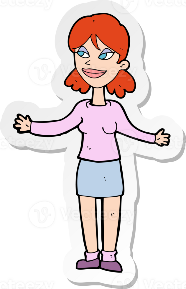 sticker of a cartoon happy woman shruggin shoulders png