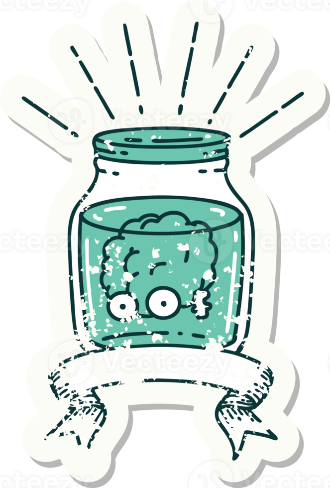 worn old sticker of a tattoo style brain in jar png