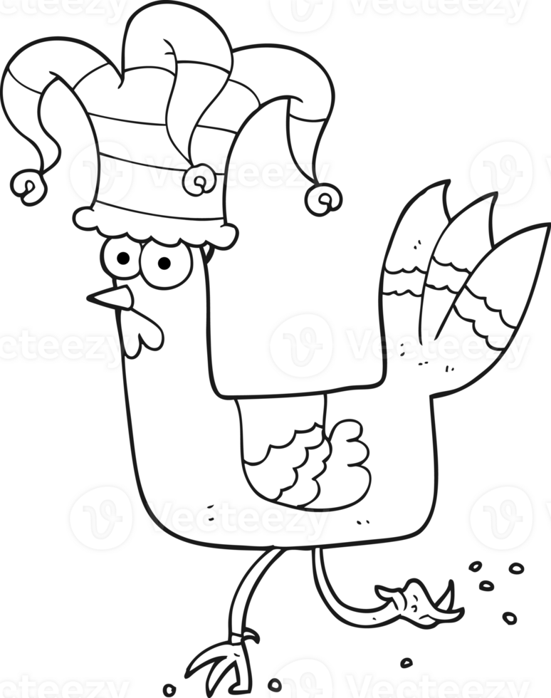 hand drawn black and white cartoon chicken running in funny hat png