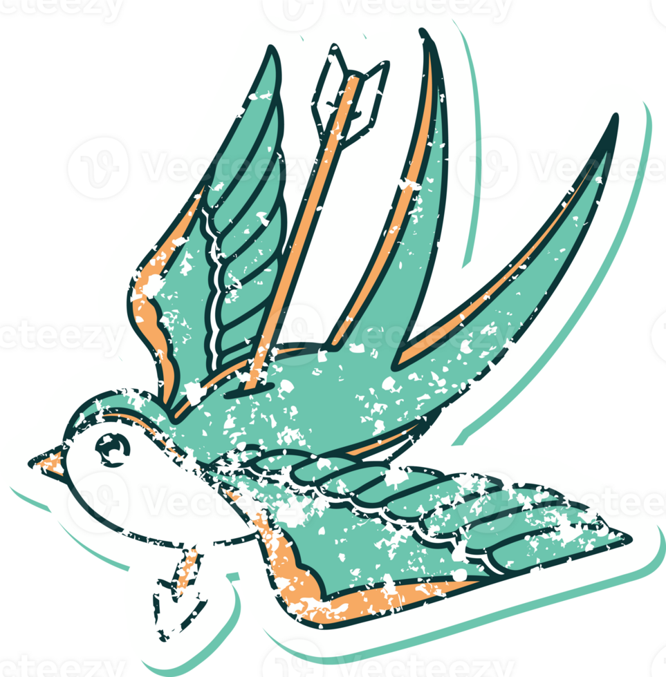 iconic distressed sticker tattoo style image of a swallow pierced by arrow png