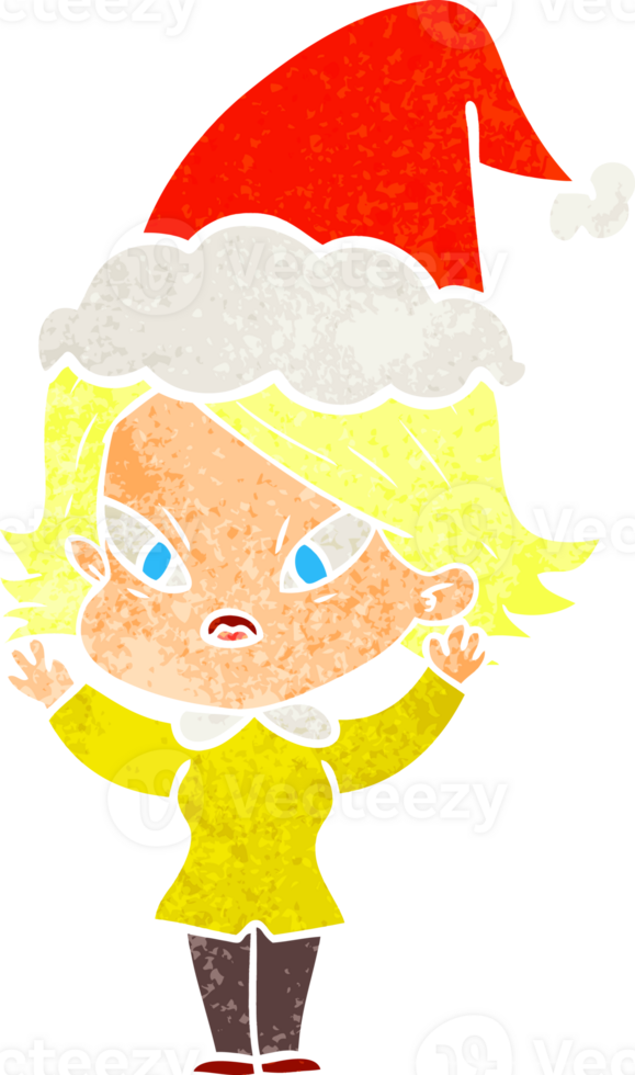 hand drawn retro cartoon of a stressed woman wearing santa hat png