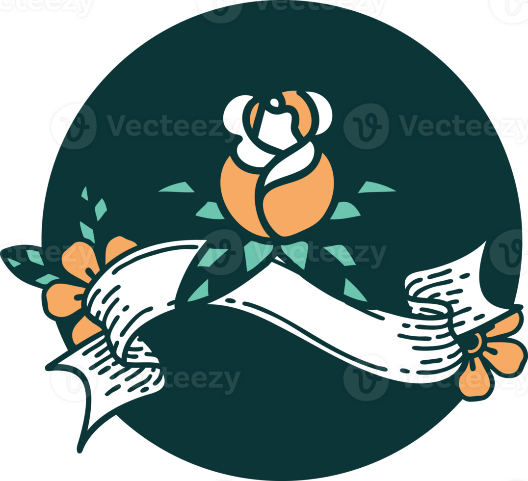 tattoo style icon with banner of a single rose png