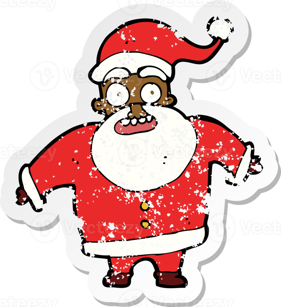 retro distressed sticker of a cartoon shocked santa claus png