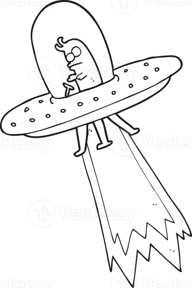 hand drawn black and white cartoon flying saucer png