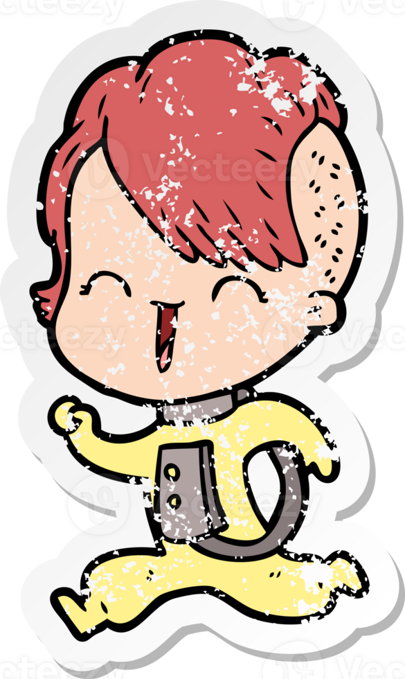 distressed sticker of a cartoon happy hipster girl wearing space suit png