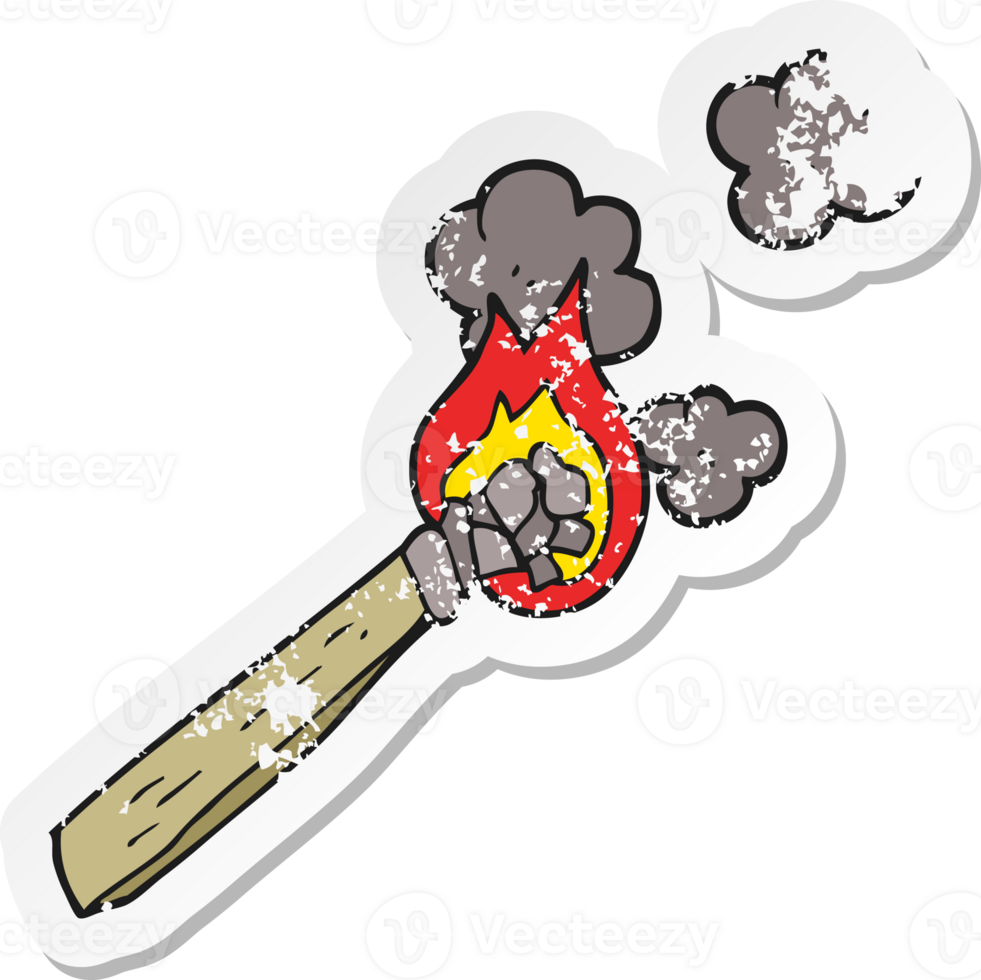 autocollant rétro en détresse d'une torche en bois brûlant de dessin animé png