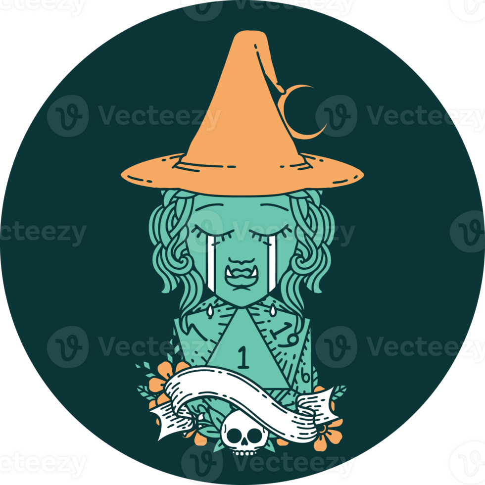 icon of crying half orc witch character face with natural one d20 dice roll png