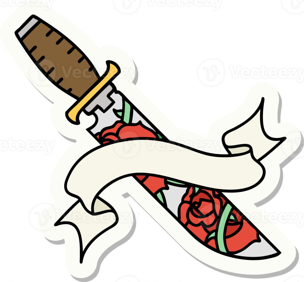 tattoo style sticker with banner of a dagger and flowers png