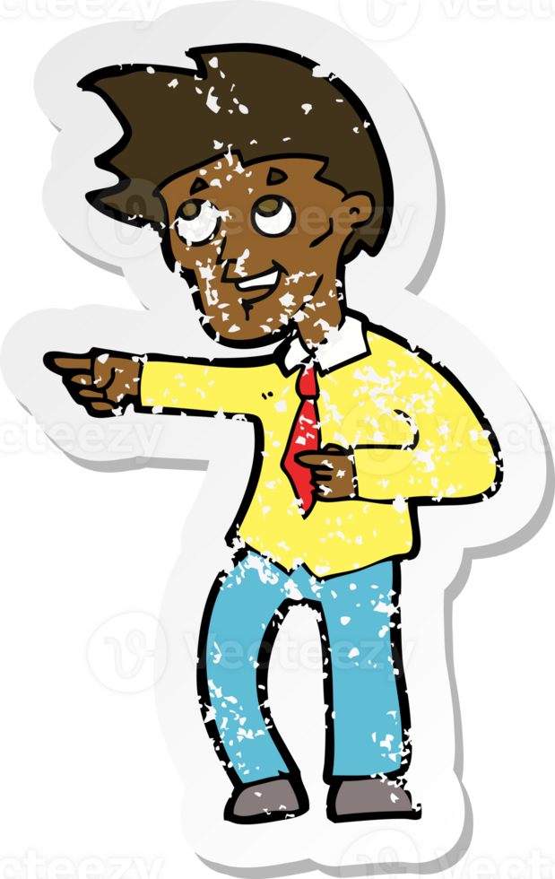 retro distressed sticker of a cartoon funny office man pointing png