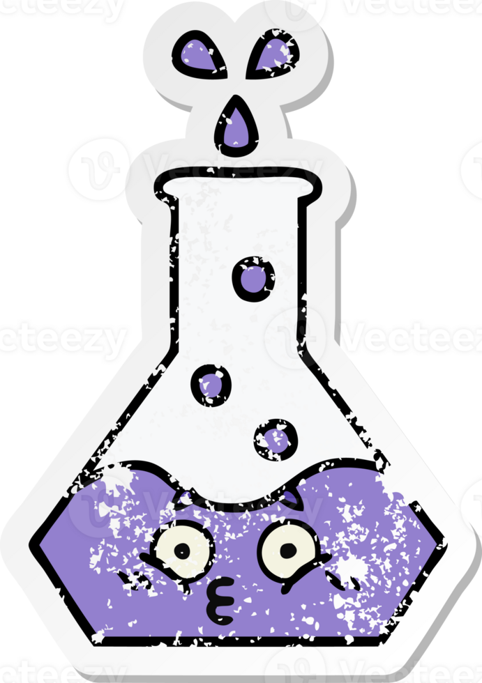 distressed sticker of a cute cartoon science beaker png