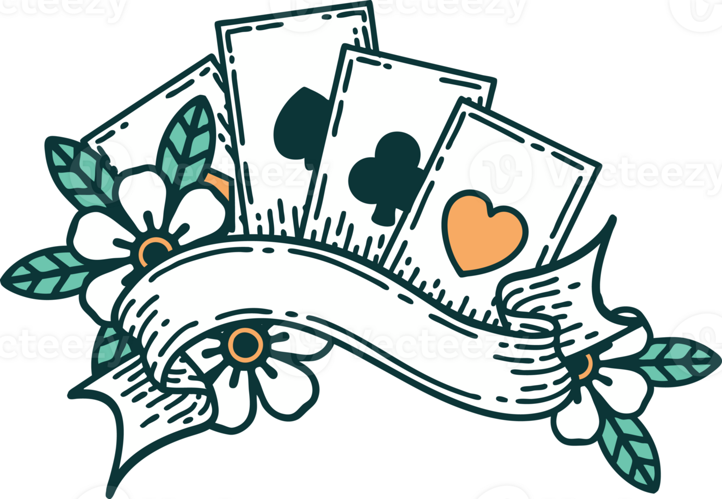 iconic tattoo style image of cards and banner png