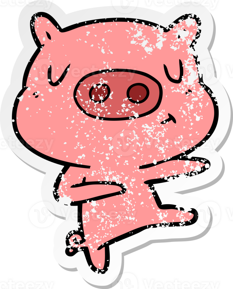 distressed sticker of a cartoon content pig dancing png