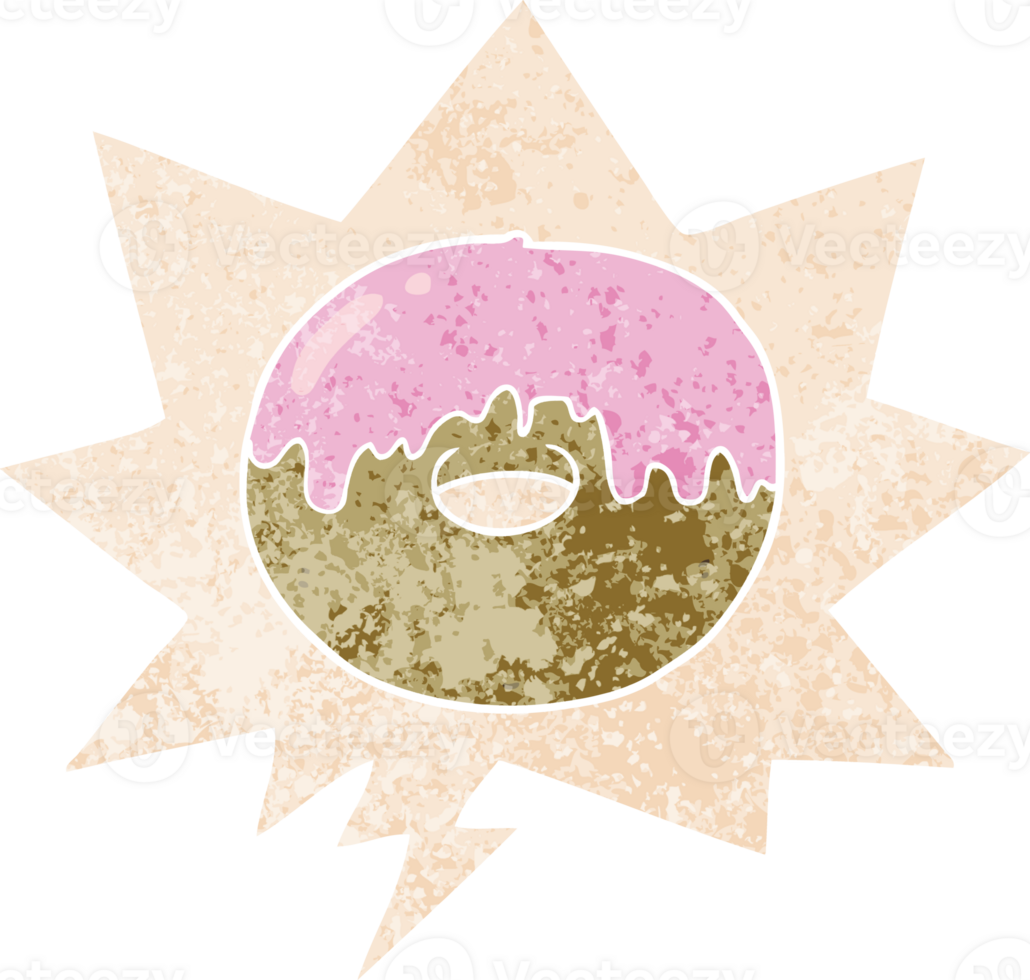 cartoon donut with speech bubble in grunge distressed retro textured style png