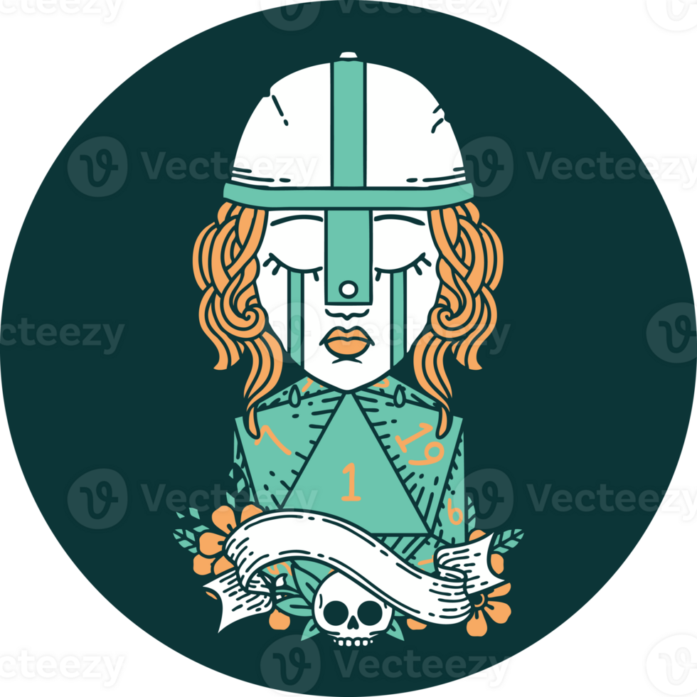 icon of crying human fighter with natural one D20 dice roll png