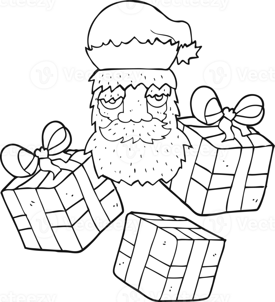 hand drawn black and white cartoon tired santa claus face with presents png