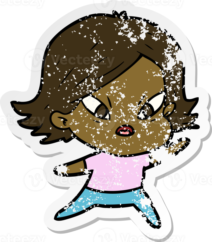 distressed sticker of a cartoon stressed woman png