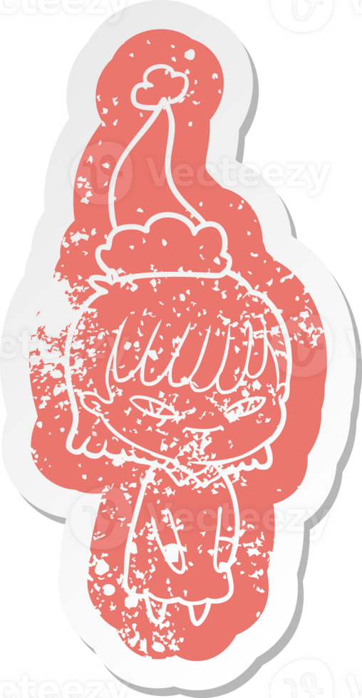 quirky cartoon distressed sticker of a woman wearing santa hat png