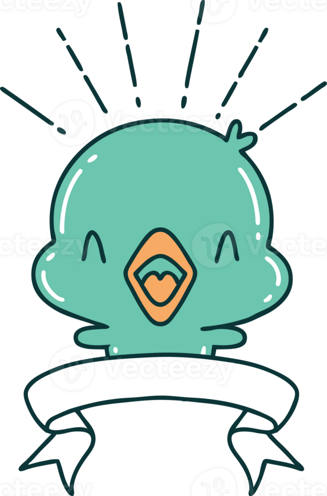 scroll banner with tattoo style singing chick png