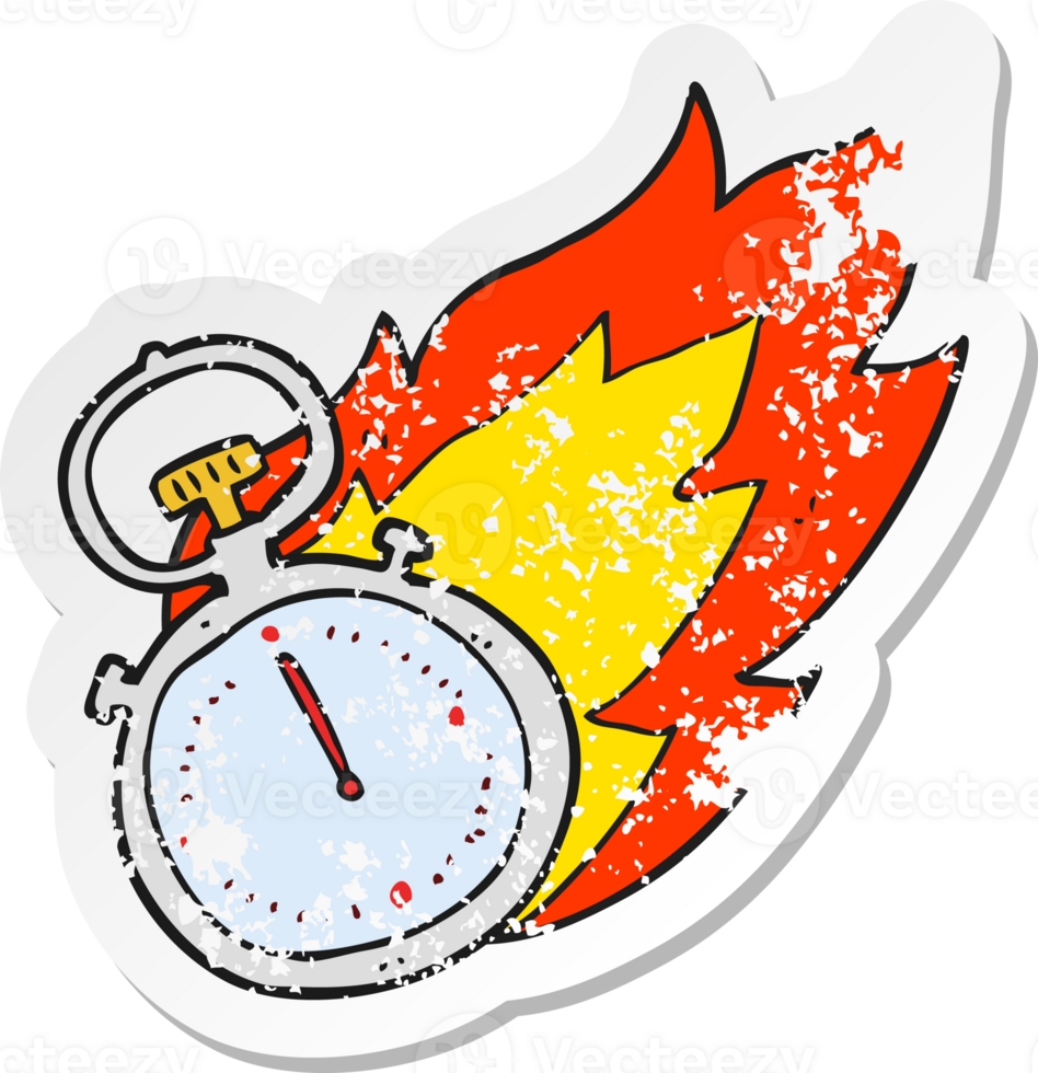 retro distressed sticker of a cartoon flaming stop watch png