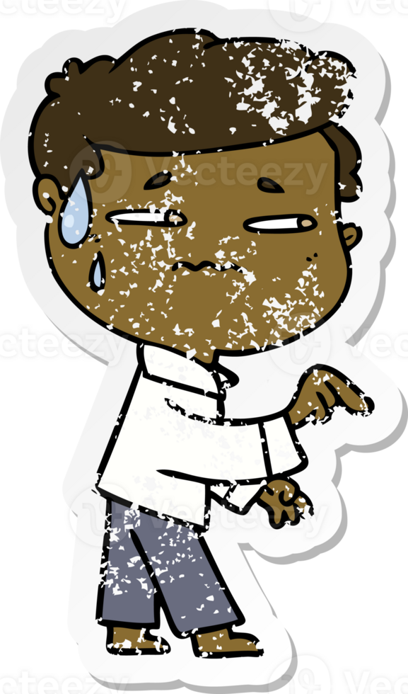 distressed sticker of a cartoon anxious man pointing png