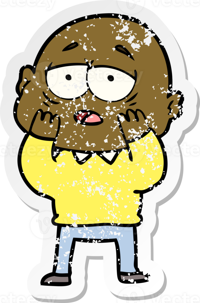 distressed sticker of a cartoon tired bald man png